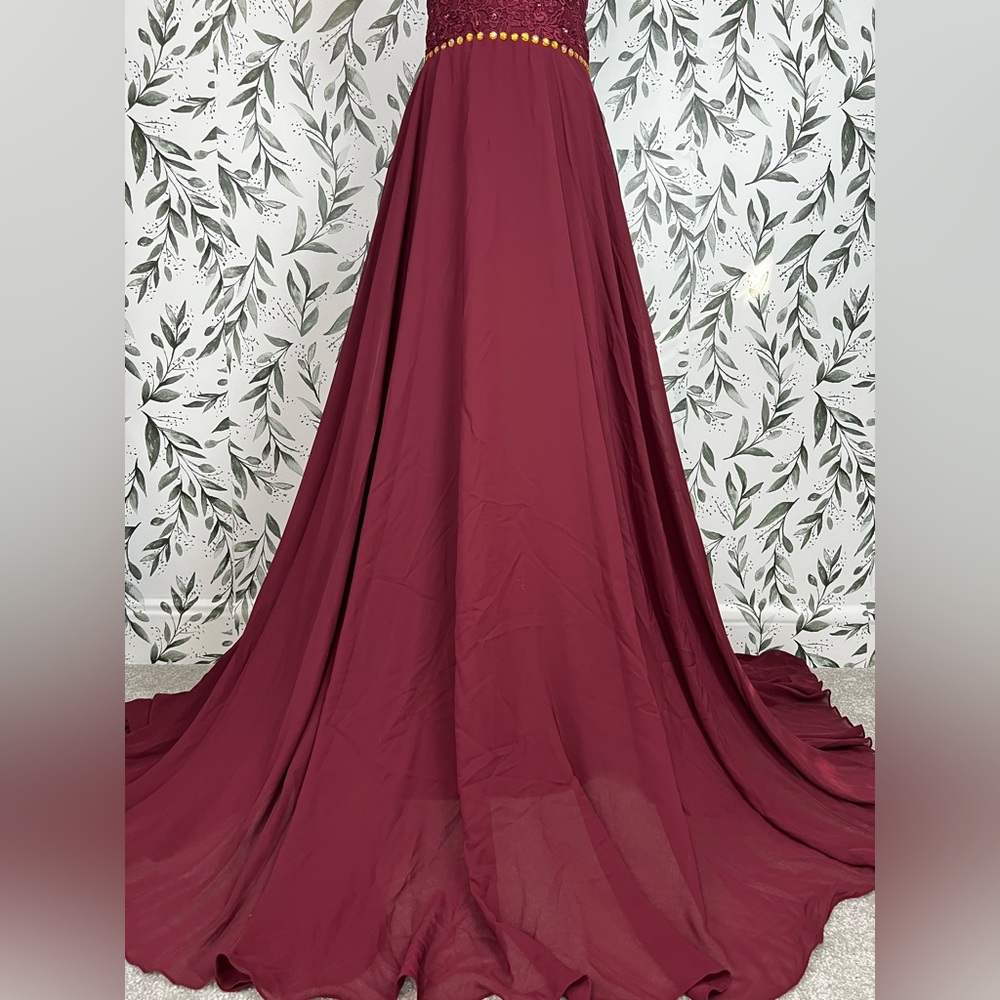Burgundy Lace Bodice Evening Gown Flowing Chiffon Skirt Prom Cocktail Sz M NWT D - Picture 2 of 13